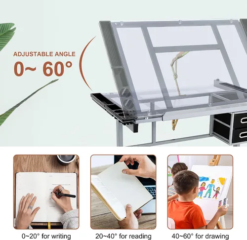 Vista 6 de LEMY Mesa de dibujo ajustable inclinable, escritorio de dibujo para artistas con cajones de almacenamiento y ruedas deslizantes, estación