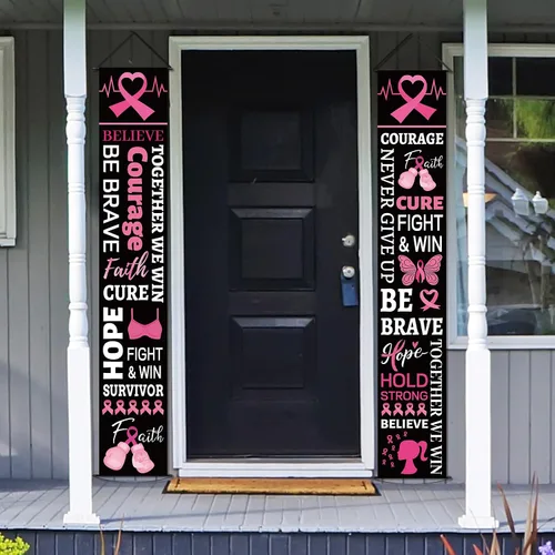 Vista 7 de Decoraciones de fiesta de cinta rosa para concientización sobre el cáncer de mama, cartel de porche, esperanza, fuerza, coraje, fe, pancarta