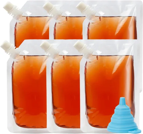 Vista 8 de 6 bolsas de bebidas para adultos, botellas de plástico, reutilizables, desechables, con embudo (8 onzas)