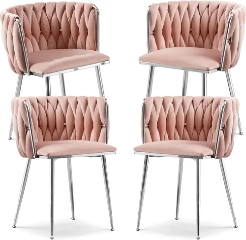 Vista 11 de Juego de 2 sillas de comedor de terciopelo, sillas laterales tapizadas tejidas con patas de metal negro, sillas decorativas modernas, sillas