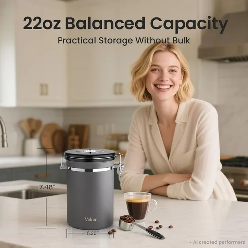 Vista 2 de Veken Recipiente de café, recipiente hermético de acero inoxidable para almacenamiento de alimentos con rastreador de fecha y cuchara para café Gris
