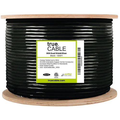 Vista 2 de trueCABLE RG6 Coaxial de doble blindaje, 500 pies, Negro, clasificado como elevador (CMR/CATVR/CL2), Cable coaxial de conductor de cobre desnudo