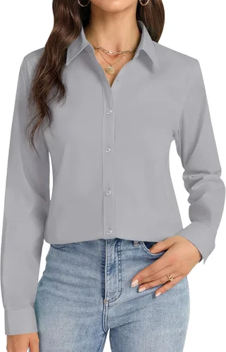 Vista 13 de Camisas con botones J.VER para mujer con cuello elástico y manga larga de algodón, camisa de vestir casual de negocios para el trabajo