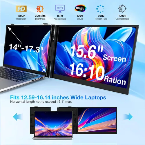 Vista 3 de Extensor de pantalla para laptop, monitor portátil ultrafino de 15.3 pulgadas FHD 1200P 16:10 para laptop, extensor ligero de monitor dual Plug &