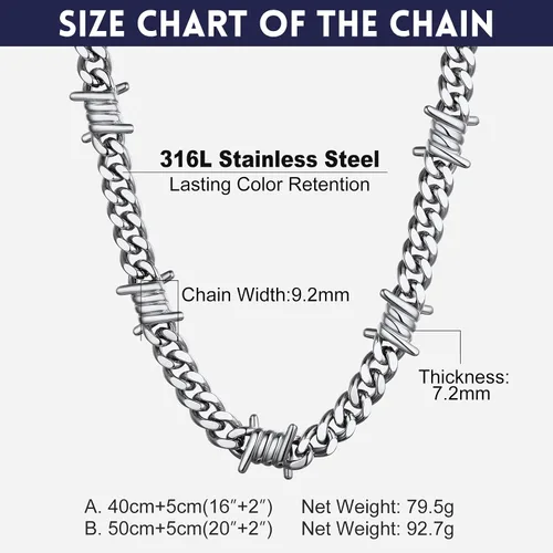 Vista 6 de Bandmax Barbed Wire Cuban Necklace for Women Men Stainless SteelBlack Gothic Thorns Skull Choker Necklace Bracelet Punk Jewelry -Gift Packed
