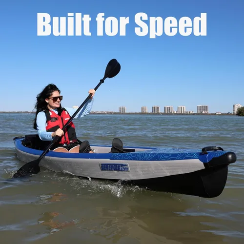 Vista 3 de Sea Eagle RazorLite Kayak inflable – Ligero, punto caído, kayak de turismo de alta velocidad – Solo o en tándem – Asiento trasero alto, remo (s)