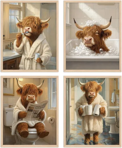 Vista 10 de Arte Divertido de Pared para Baño con Imágenes de Vaca de las Tierras Altas Escocesas, Decoración de Pared, Vaca Tierna en Bañera, Impresiones