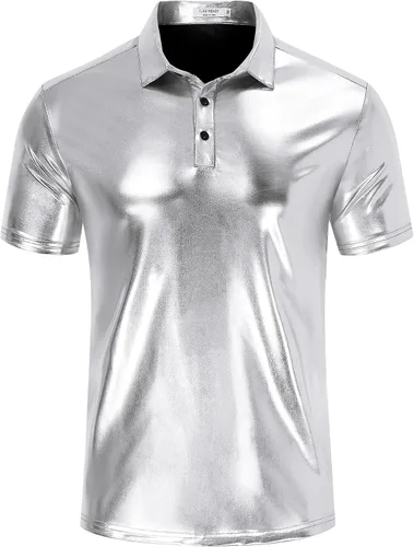 Vista 2 de TURETRENDY Camisa de discoteca de los años 70 para hombre, con lentejuelas brillantes, manga corta, para fiesta, polo hipster, discoteca, baile