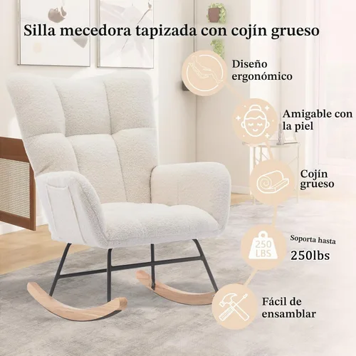Vista 7 de Mecedora tapizada para cuarto de bebé, asiento acolchado con respaldo alto, patas de madera maciza para guardería, dormitorio, sala de estar