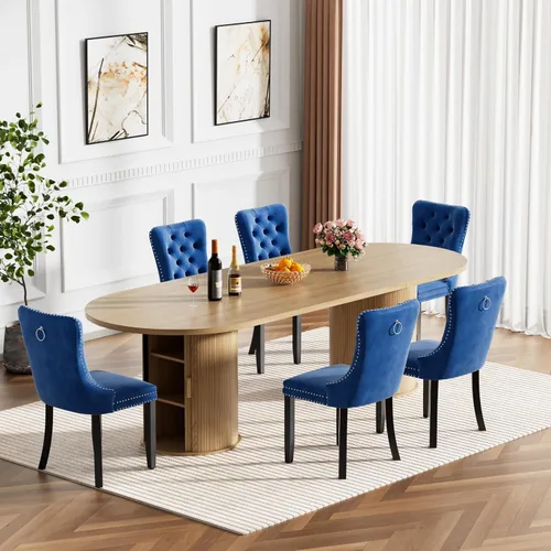 Vista 18 de Mesa de comedor redonda extensible de 94 pulgadas con base de almacenamiento, mesa de comedor expandible natural para 10, mesa de comedor de madera