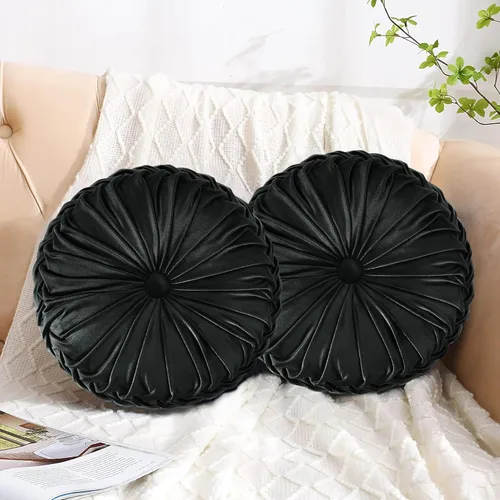 Vista 18 de HIG - Juego de 2 almohadas decorativas plisadas redondas de terciopelo verde manzana