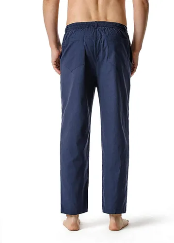Vista 5 de Pantalones de trabajo para hombre, ligeros, de algodón y lino, para hombre, elásticos, sueltos, casuales, pantalones de cintura para hombre