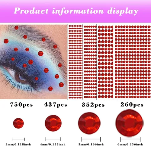 Vista 2 de 1799 piezas 4 hojas de pegatinas de diamantes de imitación 3/4/5/6 mm autoadhesivas para maquillaje de cara, ojos, cabello y cuerpo (Rojo-3/4/5/6mm)
