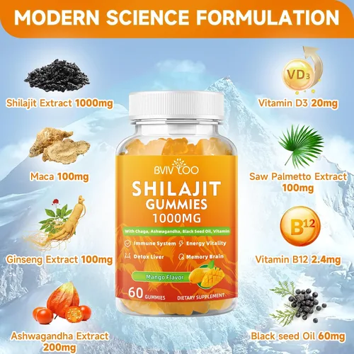 Vista 4 de Shilajit - Gomitas de 1000 mg sin azúcar, suplemento puro de Shilajit del Himalaya para hombres y mujeres, alto en más de 85 oligoelementos y ácido