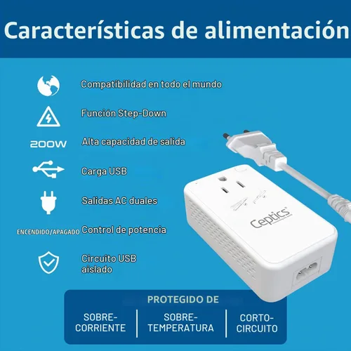 Vista 6 de Ceptics Convertidor de voltaje reductor de 200 W – Convertidor de voltaje de 220 V a 110 V para rizador, alisador, cargador – Carga rápida USB-A y C