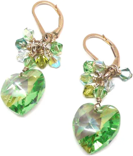 Vista 4 de 14x14mm Crystal Heart Spring Green Cluster Drop Earrings Gold-Filled or Sterling