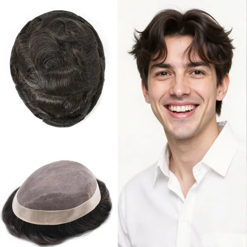 Vista 95 de Mens Toupee Hair Piece Real Human Hair Fine Mono Toupee para hombres Sistema de reemplazo de cabello para hombre Postizo Protesis Capilar Para
