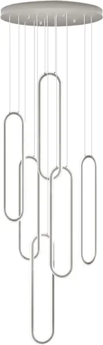 Vista 8 de Flashing God Candelabro moderno, candelabros cromados con 6 anillos LED, lámpara de techo alto más grande para sala de estar, lámpara rectangular