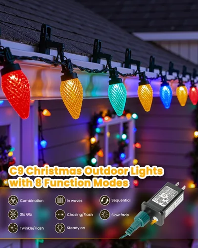 Vista 2 de Minetom Luces de Navidad C9 para exteriores, 88 pies, 110 luces LED con 8 modos de iluminación, impermeable, conectable, certificado UL