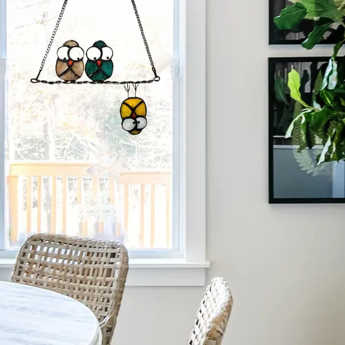 Vista 3 de Panel de Atrapasoles de Vidrio Vitral Multicolor con Búhos en un Alambre, Atrapasueños de Pájaros para Ventanas, Puertas, Habitación, Decoración