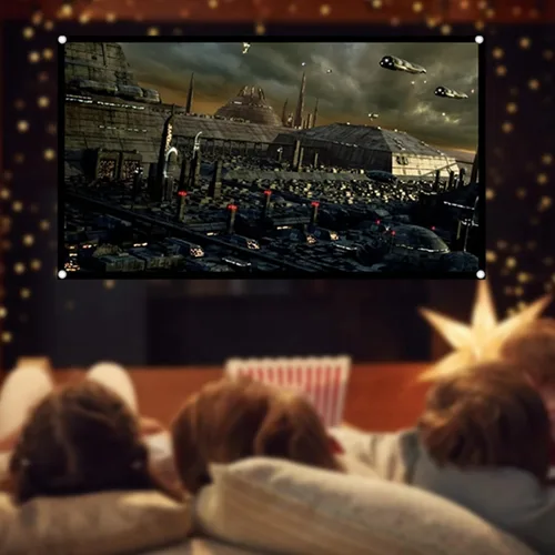 Vista 6 de Pissente Pantalla de proyector portátil, cortina de proyección HD plegable 16:9 con agujeros de perforación para cine en casa, películas al aire