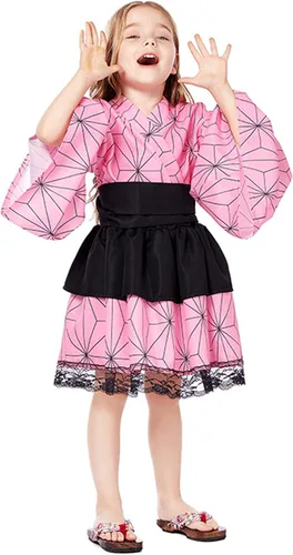 Vista 5 de Vestido de anime de Tanjiro Kamado Kimetsu No Yaiba - Disfraz de Tanjiro para niña, Nezuko Kamado para niñas, vestido de kimono Nezuko para niños