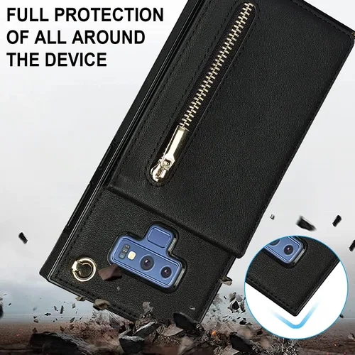 Vista 9 de Funda para teléfono Samsung Galaxy Note 9 con correa cruzada, tarjetero de cuero, ranuras de crédito, soporte magnético, accesorio para celular