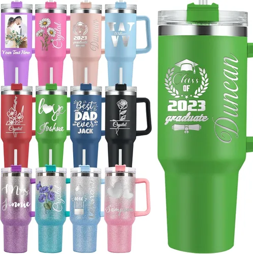 Vista 10 de Vaso personalizado con asa personalizado de 40 onzas grabado con nombre de flor de nacimiento con tapa y pajita, taza de café de viaje de acero
