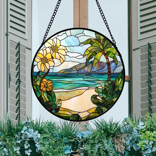 Vista 3 de DASTOLL Conjunto de 4 Piezas de Vidriera Manchada para Colgar en Ventanas Azul Océano con Árbol de Coco 16 cm - Atrapasoles para Puerta, Jardín