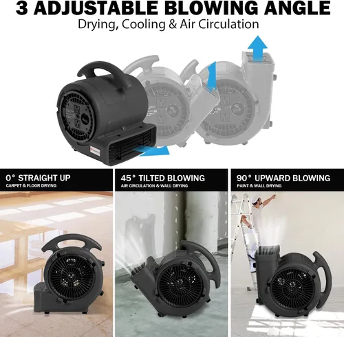 Vista 4 de MOUNTO Ventilador Air Mover de 1/5 hp de 800 cfm, ventilador de secado de pisos, motor de aire compacto de 3 velocidades con doble salida, cable