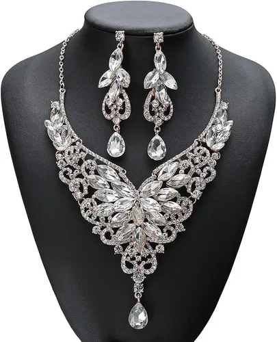 Vista 2 de Hapibuy Juego de joyas de novia para mujer y novia, collar de cristal y aretes colgantes, para vestido de graduación, Cristal, Circonita cúbica