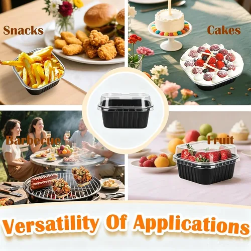 Vista 5 de 50 Pcs Mini Square Baking Cups with Lids,5oz Aluminum Foil Mini Cake Pans with Lids,Disposable Ramekins Cake Pans,150ml Dessert Cups Cupcake Pans