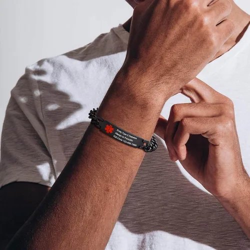 Vista 5 de VNOX Pulsera de identificación de alerta médica con grabado gratuito para hombres y mujeres, etiqueta médica, cadena de eslabones de acero inoxidable