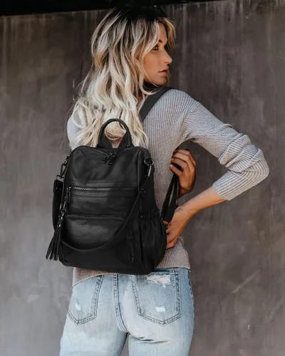 Vista 3 de Uromee Mochila de Viaje Monedero para Mujeres Cuero Vegano Damas Moda Borla Bolsa de Hombro Convertible, Grande, Mochilas Daypack