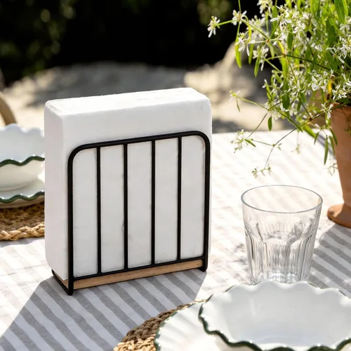 Vista 6 de Servilletero moderno de granja para mesa, base de madera maciza pesada con diseño de metal, dispensador vertical de servilletas para encimera