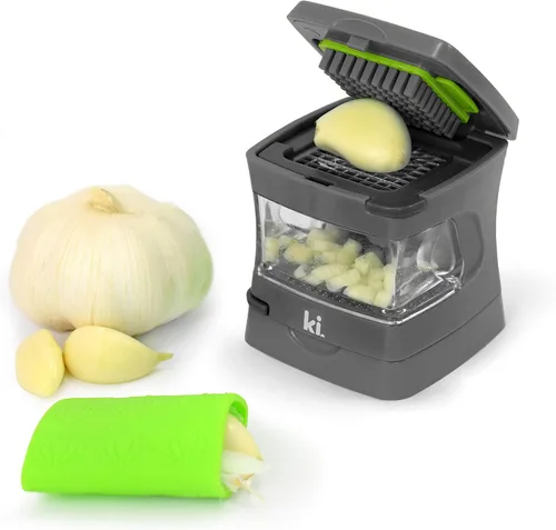 Vista 8 de Prensa de ajo Garlic-A-Peel, trituradora, cortador, picadora y contenedor de almacenamiento - Incluye pelador de ajo de silicona - Fácil de limpiar