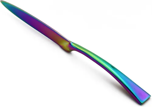 Vista 6 de Juego de cubiertos de arco iris colorido de 5 piezas, juego de cuchillos de cena de acero inoxidable 18/10, pulido de espejo, servicio para 1