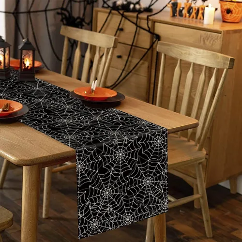 Vista 4 de Camino de mesa de Halloween, tela de araña, lino negro, caminos de mesa para vacaciones de temporada, interiores y exteriores, cocina, comedor