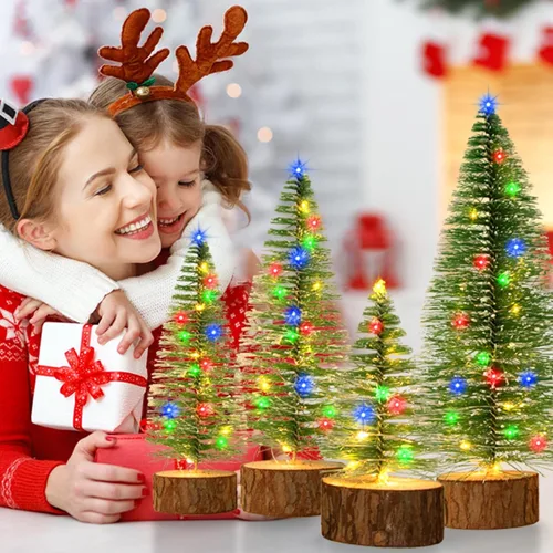 Vista 6 de 4 mini árboles de Navidad con luces, 4 tamaños de árboles de Navidad artificiales Battery Powered Bottle Brush Christmas Trees with 2 Modes Timer