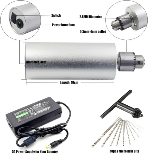 Vista 2 de Yakamoz – Taladro manual portable, de 0.3 mm - 4 mm, de aluminio, mini taladro manual, eléctrico, PCB, con fuente de poder de 5 A y 10 micro brocas