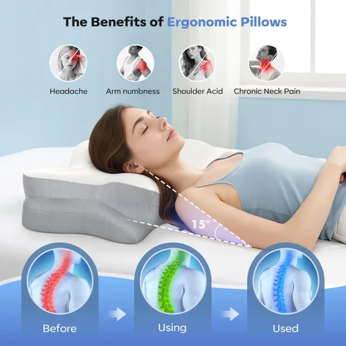 Vista 7 de Almohada cervical para el cuello, almohadas ergonómicas de espuma viscoelástica para aliviar el dolor de cuello con funda de almohada transpirable