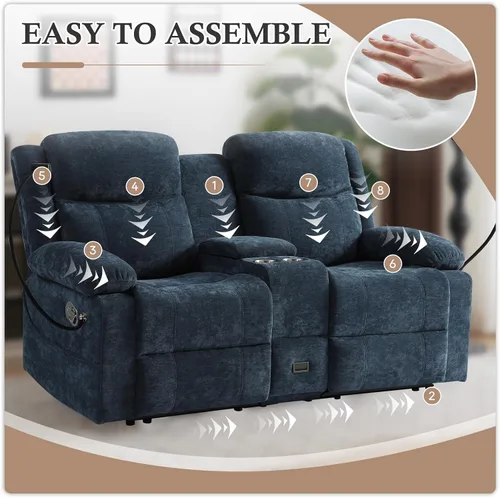 Vista 4 de Sofá reclinable de dos plazas con consola, color azul Manual Recliner Loveseat with Phone Holders, Storage Drawer, Cup Holders, Side Pockets, Dual