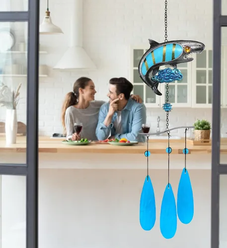 Vista 5 de CoTa Global Carillón de viento de tiburón – Carillón de vidrio y metal hecho a mano – Decoración colgante de vida oceánica – Regalo colorido