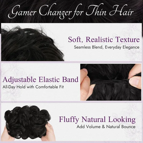 Vista 3 de BARSDAR 2 piezas de cabello de moño desordenado de color negro natural + extensión de moño de cabello lacio