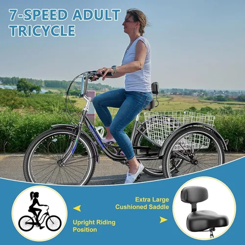 Vista 5 de NAIZEA Triciclo para adultos, bicicleta de crucero de tres ruedas de 7 velocidades, triciclos para adultos de 20/24/26 pulgadas, bicicletas de 3