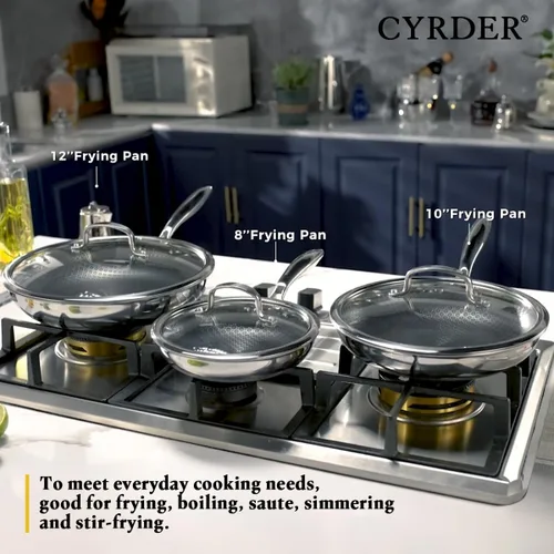 Vista 4 de Juego de sartenes antiadherentes, 6 piezas de acero inoxidable 18/10 de 5 capas Hybrid Non stick 8 10 12-inch Frying Pans with Lid, Induction