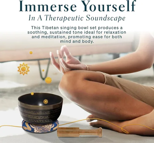 Vista 5 de Juego de 7 cuencos tibetanos, cuencos cantores hechos a mano para meditación y curación holística, accesorios de yoga, cuencos negros de 3 a 5