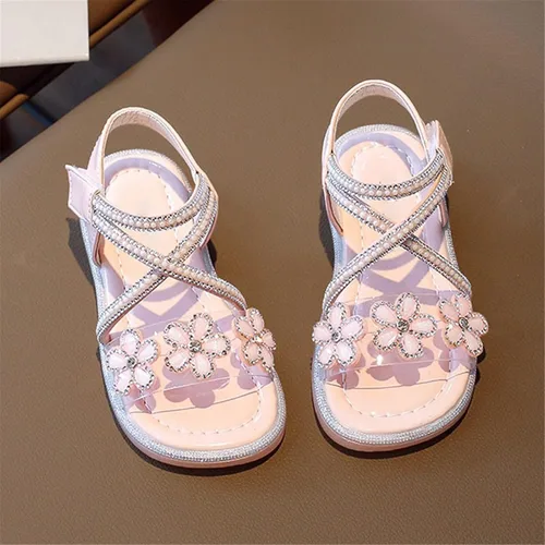 Vista 5 de Sandalias de verano para niñas grandes con diseño de flores de cristal, zapatos de princesa para uso diario con vestido de princesa, zapatos