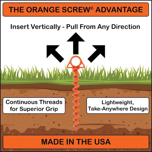 Vista 3 de Orange Screw Anclajes de tierra definitivos: estacas de tienda de campaña atornilladas resistentes para viento fuerte, arena, toldos y campamentos.