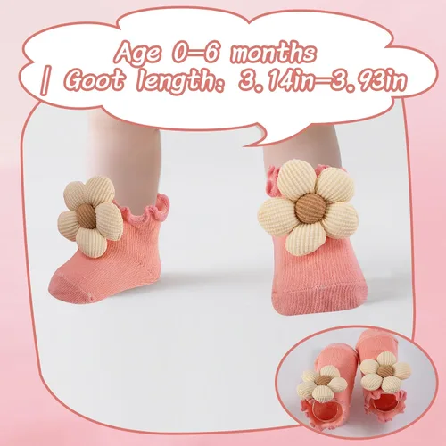 Vista 5 de Juego de 10 pares de calcetines para bebé con agarres antideslizantes, diseño de flores 3D grandes y ribete con volantes, conjunto de regalo